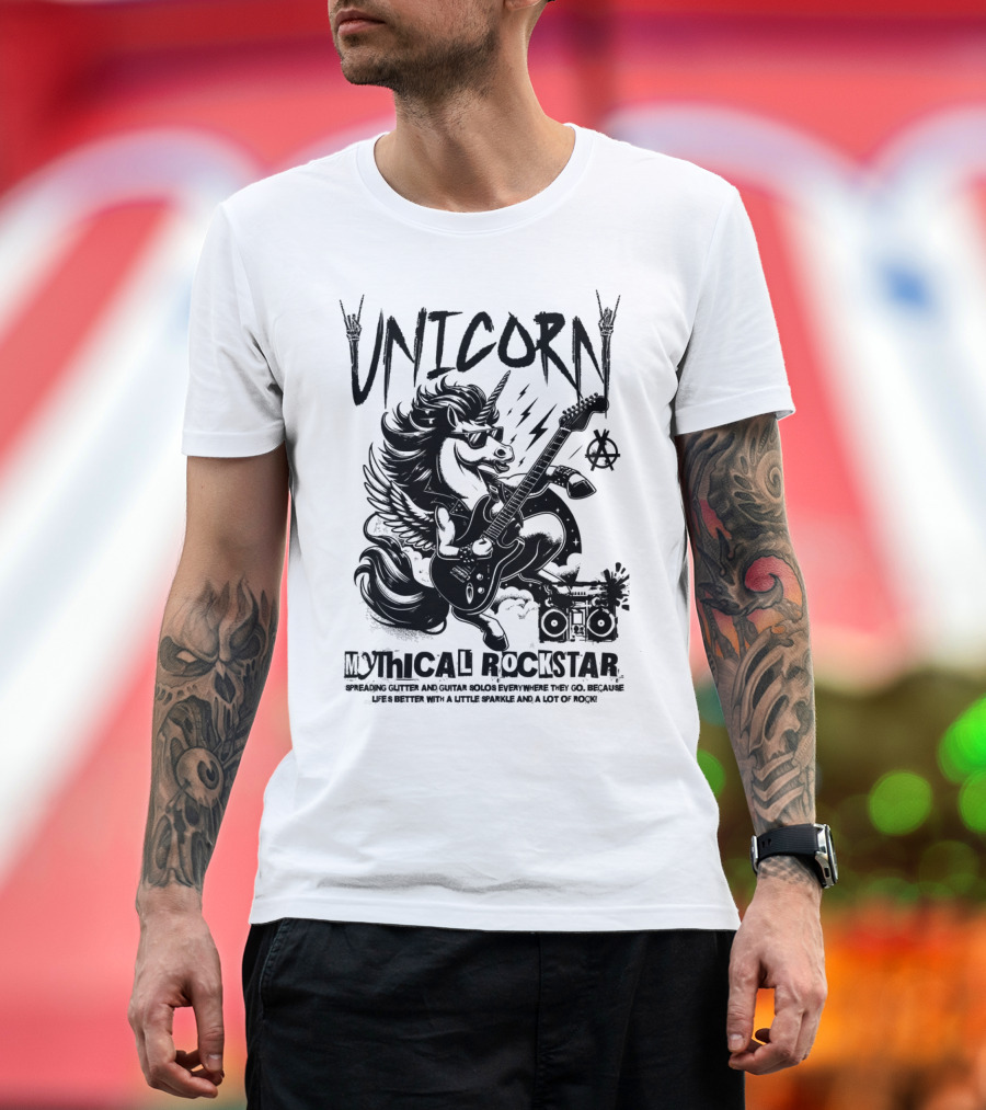Unicorn Mythical Rockstar Spreading Glitter And Guitar Solos Sparkle Music Rock T-Shirt