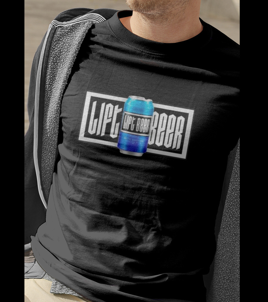 Lift Beer Original Drinking Essential Emblem - Black And White Background With Blue Can T-Shirt