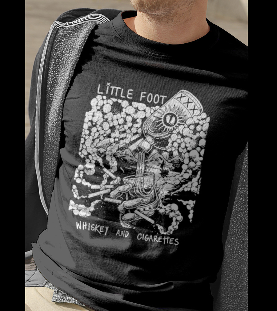 Little Foot Whiskey And Cigarettes Hand Holding Cigarettes And Pouring XXX Bottle In Cloudy Mountains Scene T-Shirt