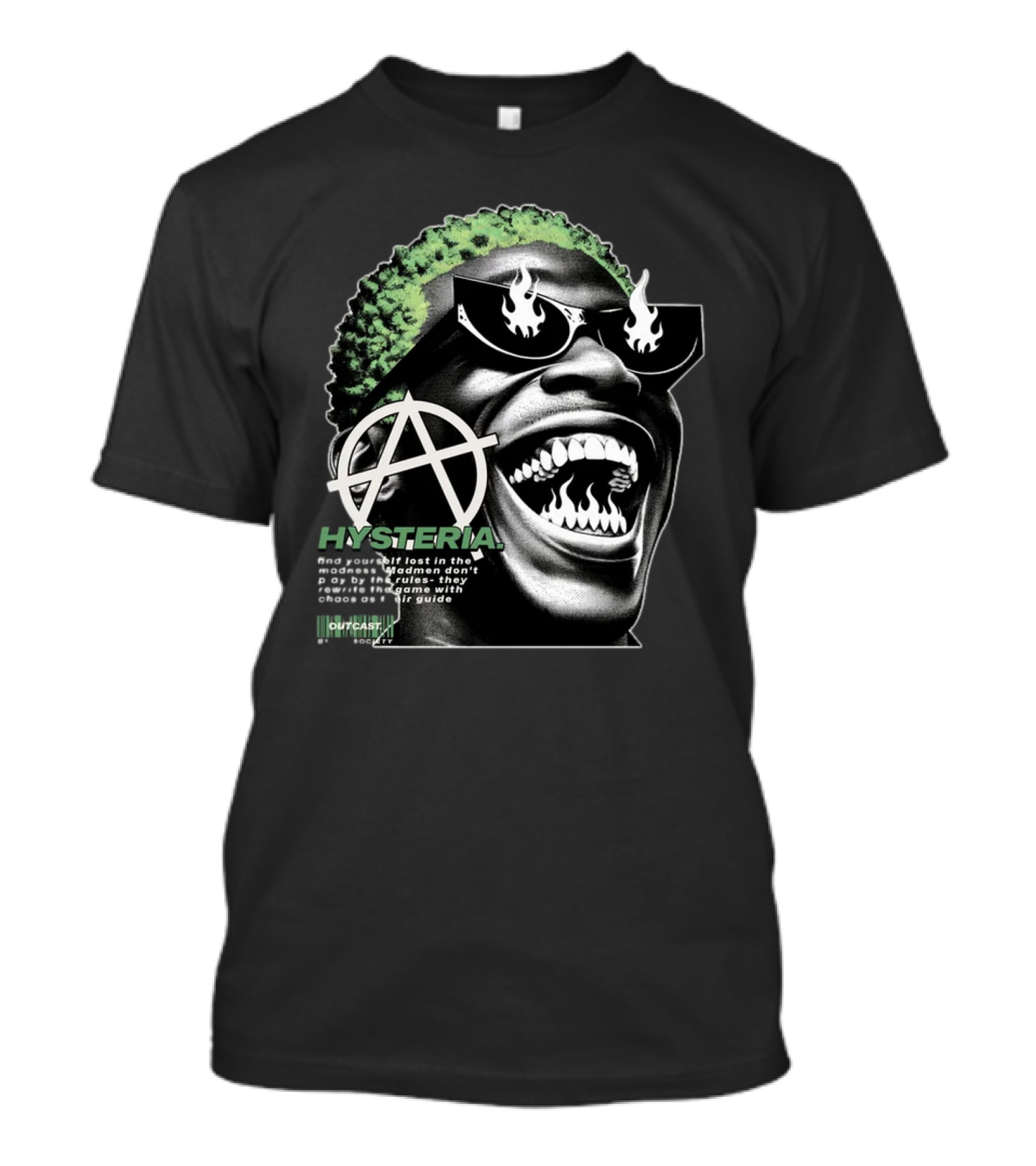 Hysteria Outcast Society Anarchy Flames Green Hair Smiling Face T-Shirt