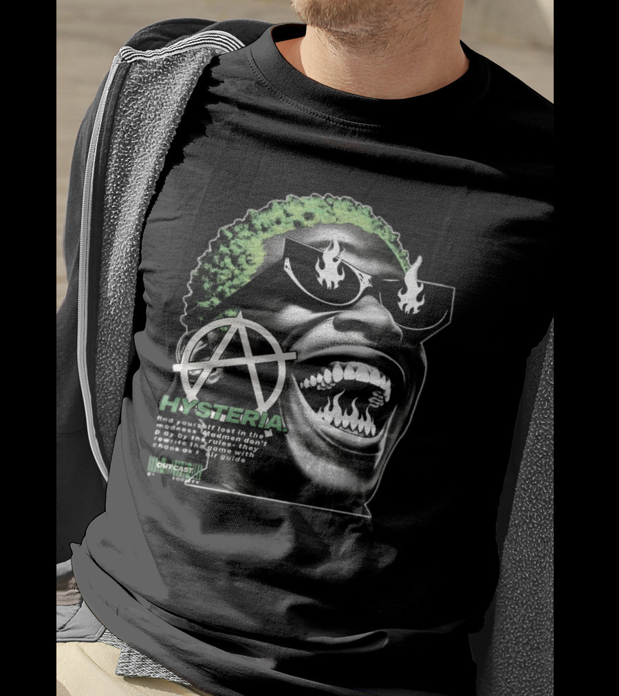 Hysteria Outcast Society Anarchy Flames Green Hair Smiling Face T-Shirt