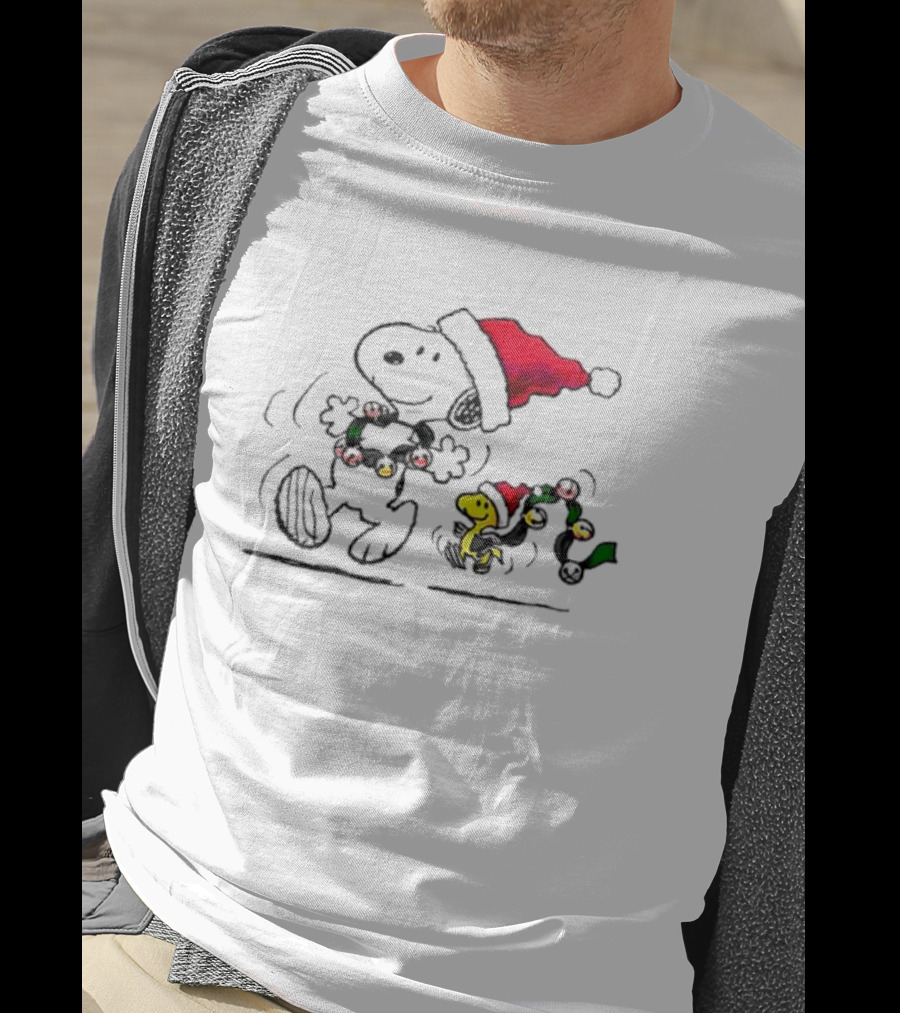 Santa Snoopy And Woodstock Christmas Lights Cartoon T-Shirt