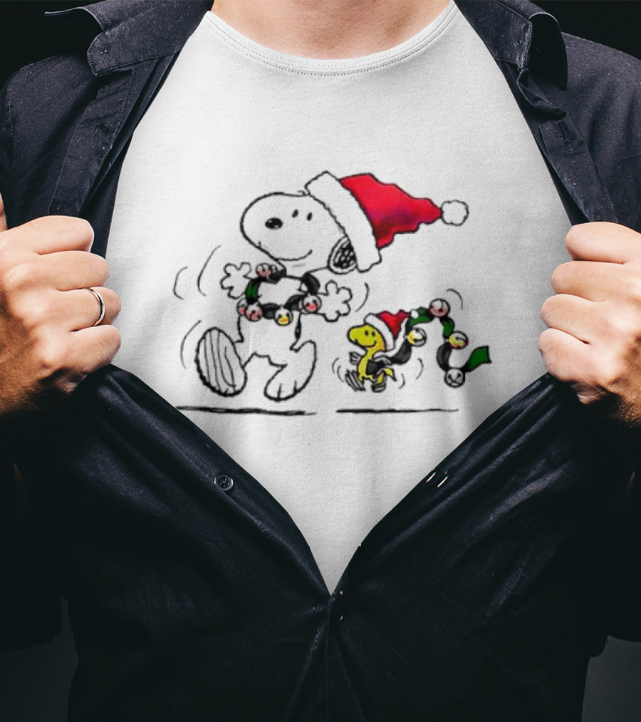 Santa Snoopy And Woodstock Christmas Lights Cartoon T-Shirt