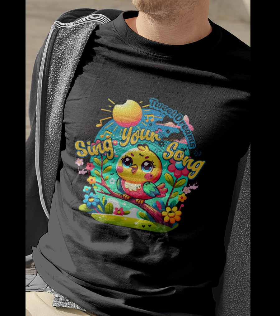 Tweet Dreams Sing Your Song Brightly-Colored Cartoon Bird And Musical Notes T-Shirt