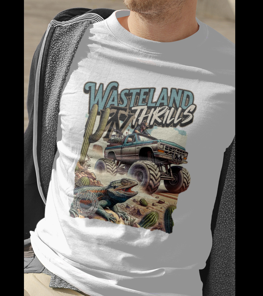 Wasteland Thrills Monster Truck Adventure With Lizard And Cactus Desert Scene T-Shirt