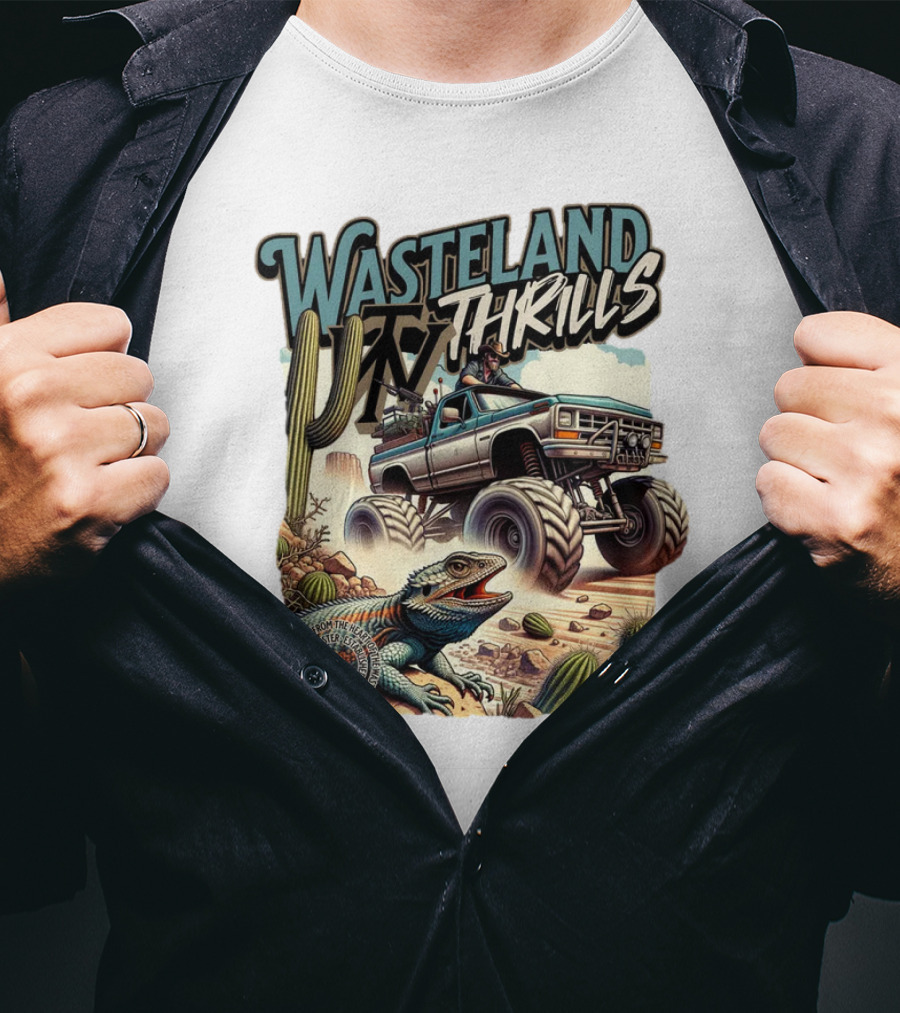 Wasteland Thrills Monster Truck Adventure With Lizard And Cactus Desert Scene T-Shirt