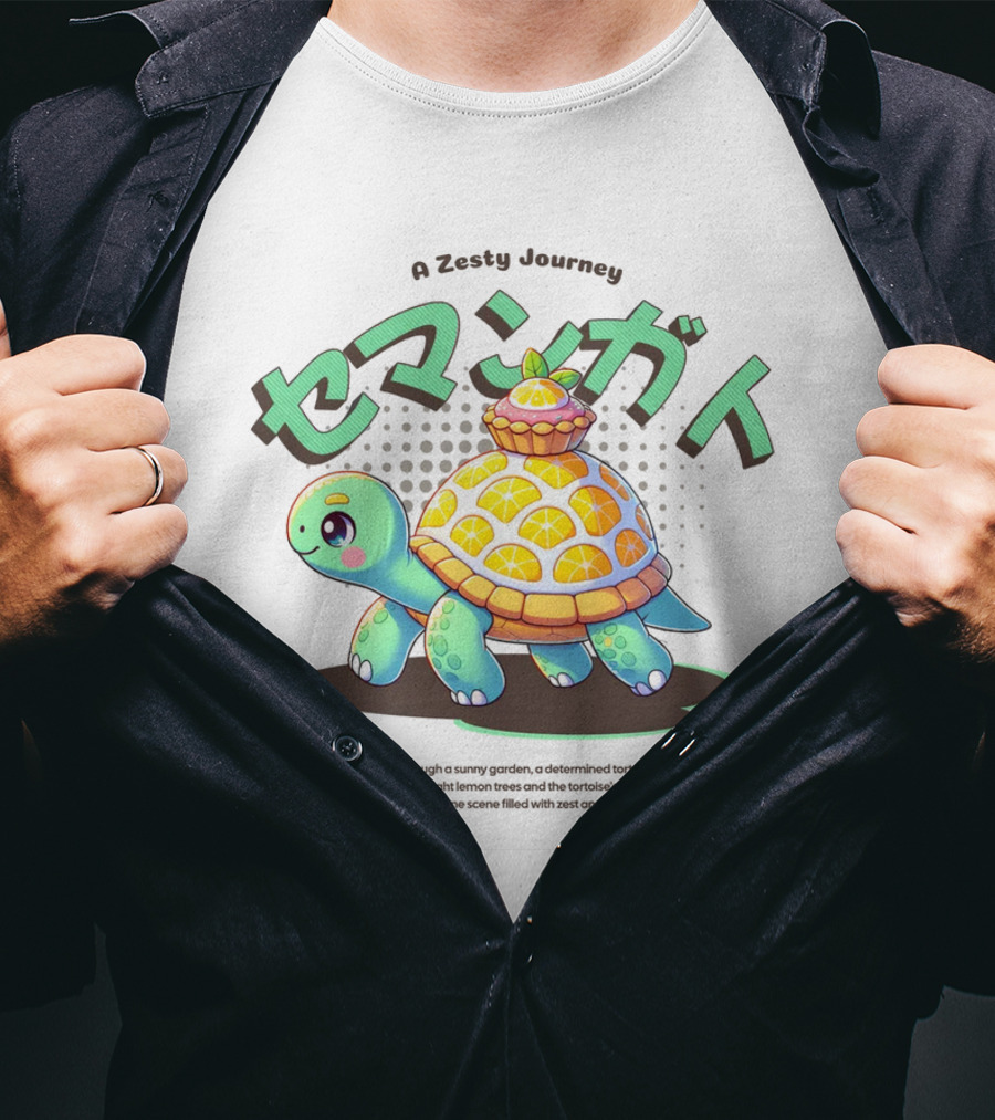 A Zesty Journey Tortoise With Lemon Back And Japanese Text T-Shirt