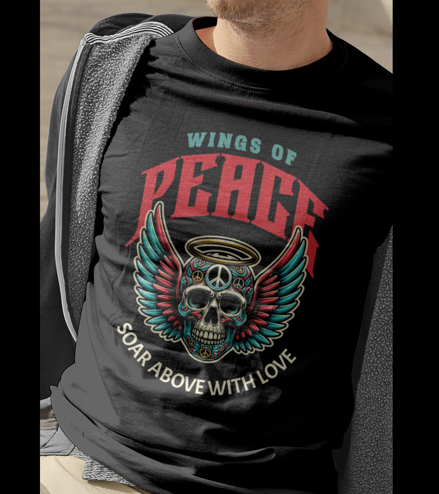 Wings Of Peace Soar Above With Love Peace Symbol Skull And Wings T-Shirt