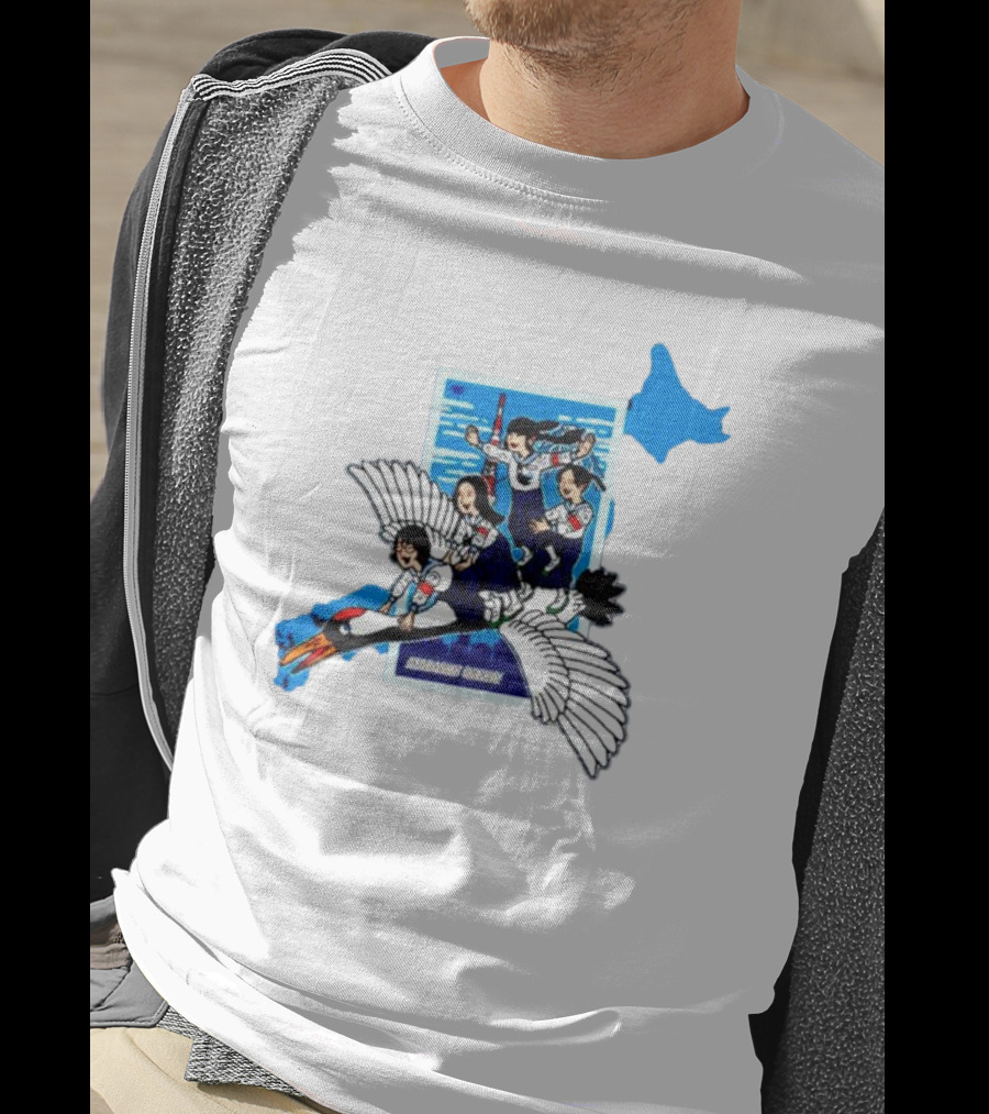 Atarashii Gakko Navy Crane Cartoon With Energetic Flyers And Blue Map Highlight T-Shirt