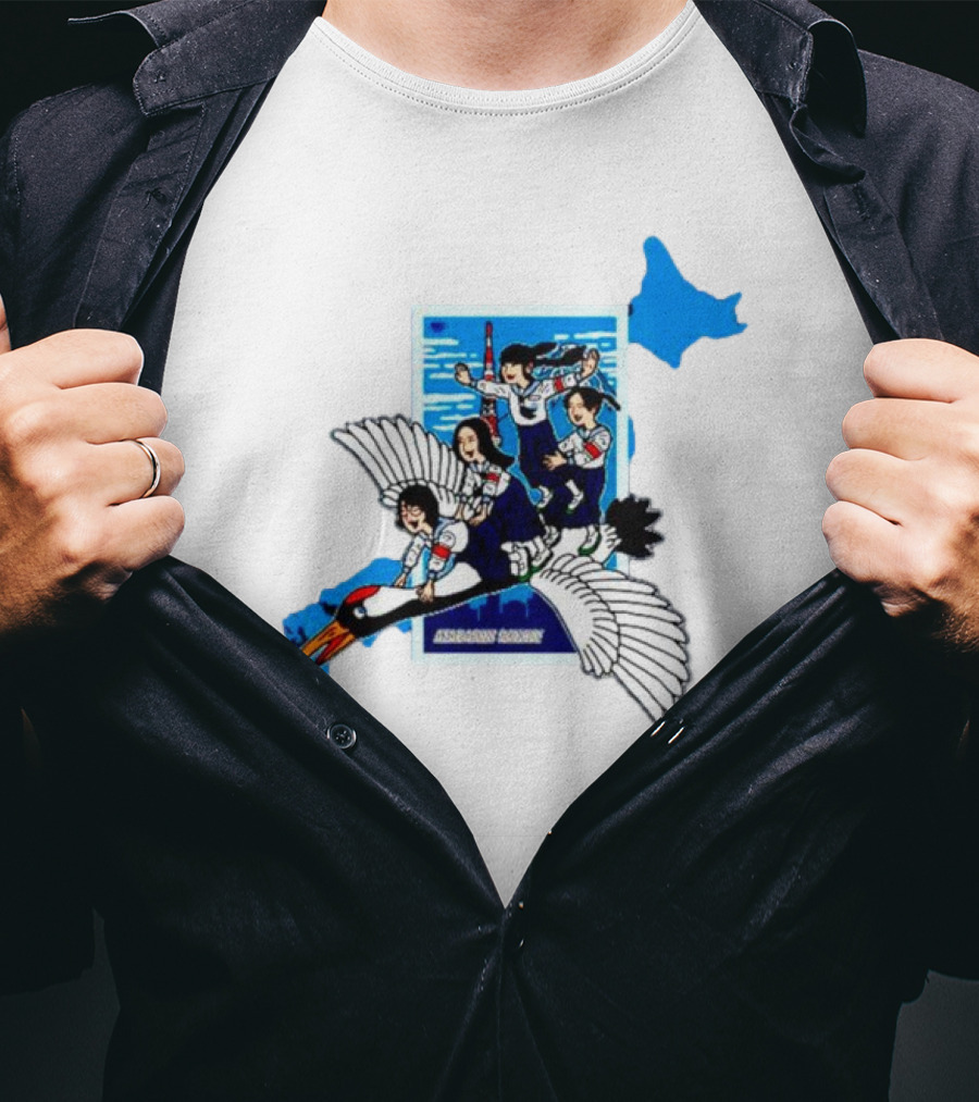 Atarashii Gakko Navy Crane Cartoon With Energetic Flyers And Blue Map Highlight T-Shirt