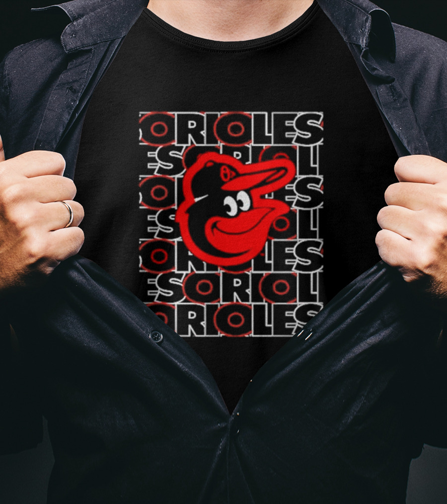 Orioles Iconic Bird Head With Repeated Orioles Text T-Shirt