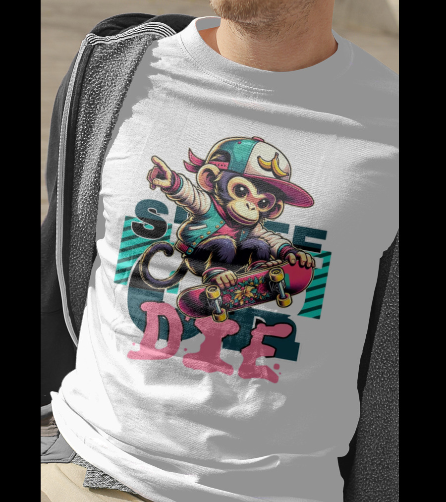 Skate Or Die Monkey On Skateboard With Cap And Jacket T-Shirt