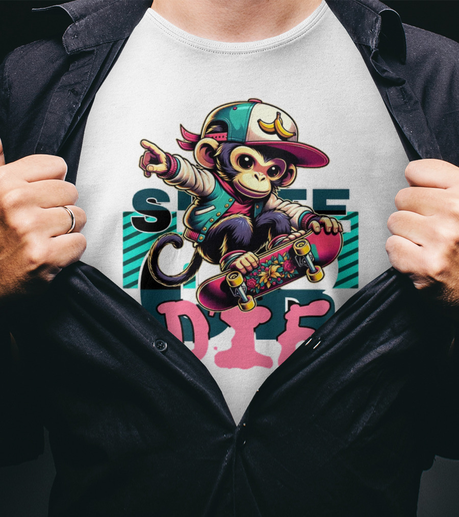Skate Or Die Monkey On Skateboard With Cap And Jacket T-Shirt