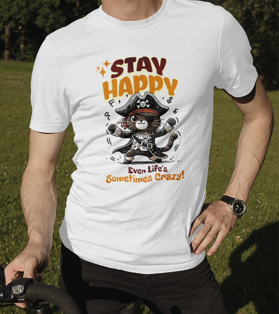 STAY HAPPY Even Life's Sometimes Crazy Pirate Cat T-Shirt