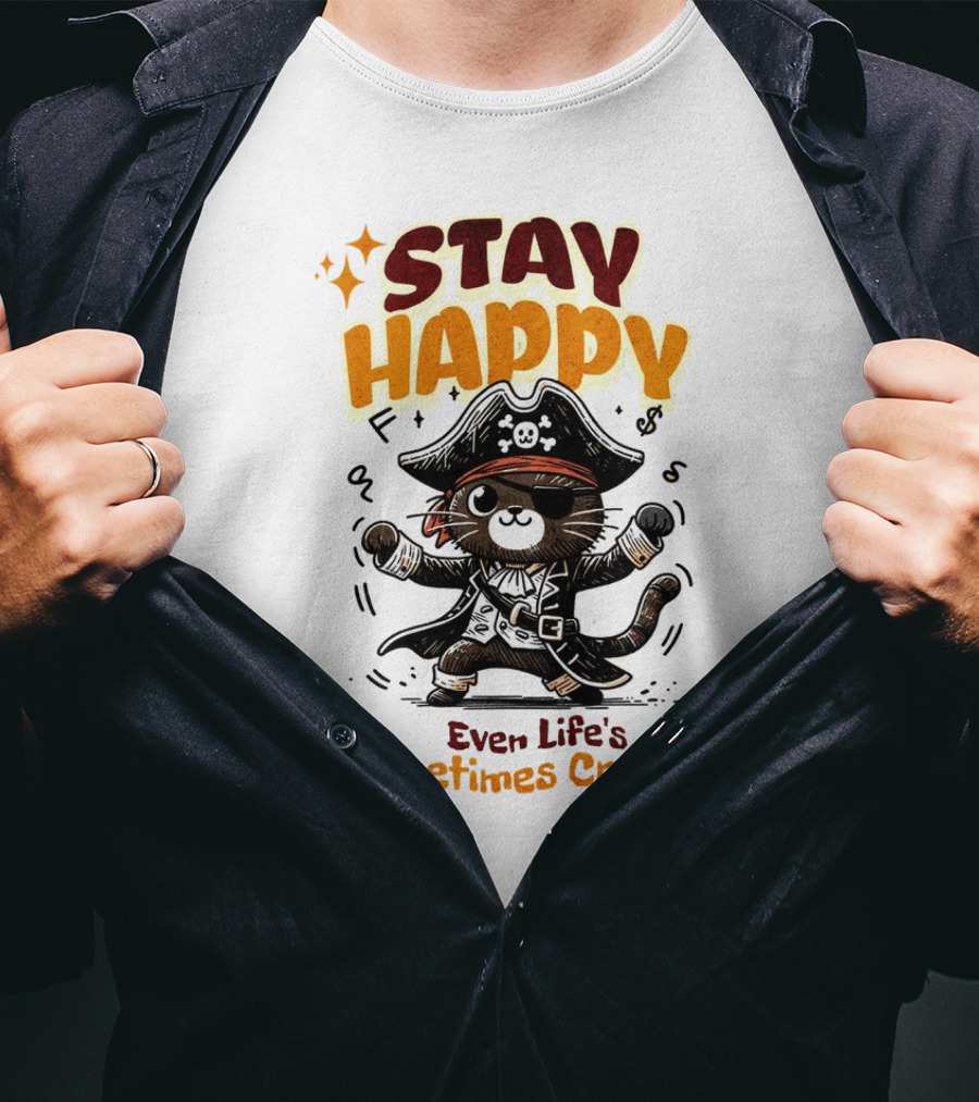 STAY HAPPY Even Life's Sometimes Crazy Pirate Cat T-Shirt