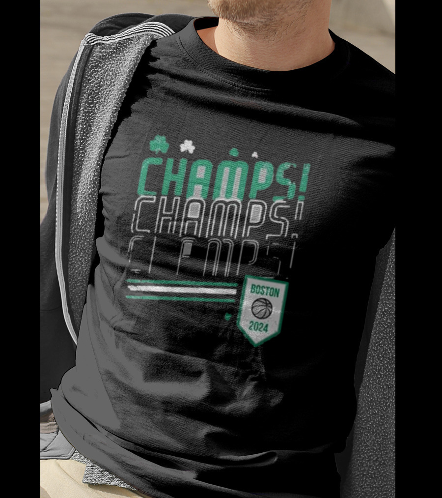 Boston Celtics ’24 Champs Champs Champs Basketball Shield T-Shirt