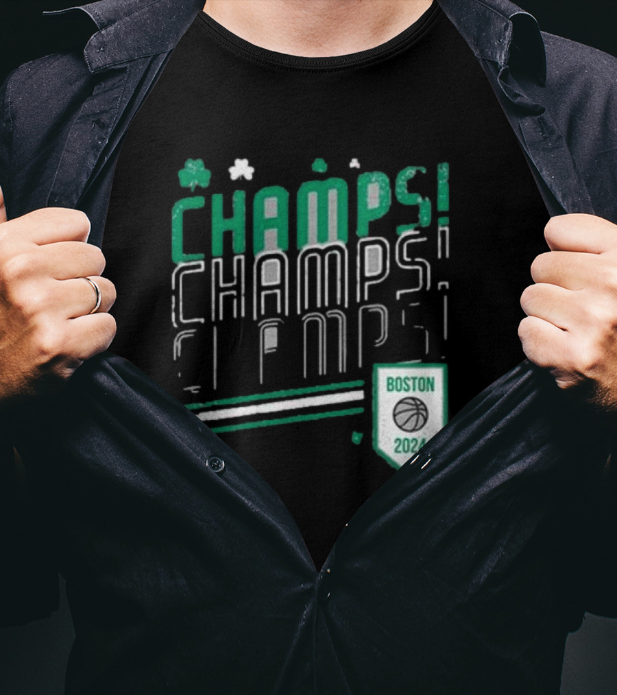 Boston Celtics ’24 Champs Champs Champs Basketball Shield T-Shirt