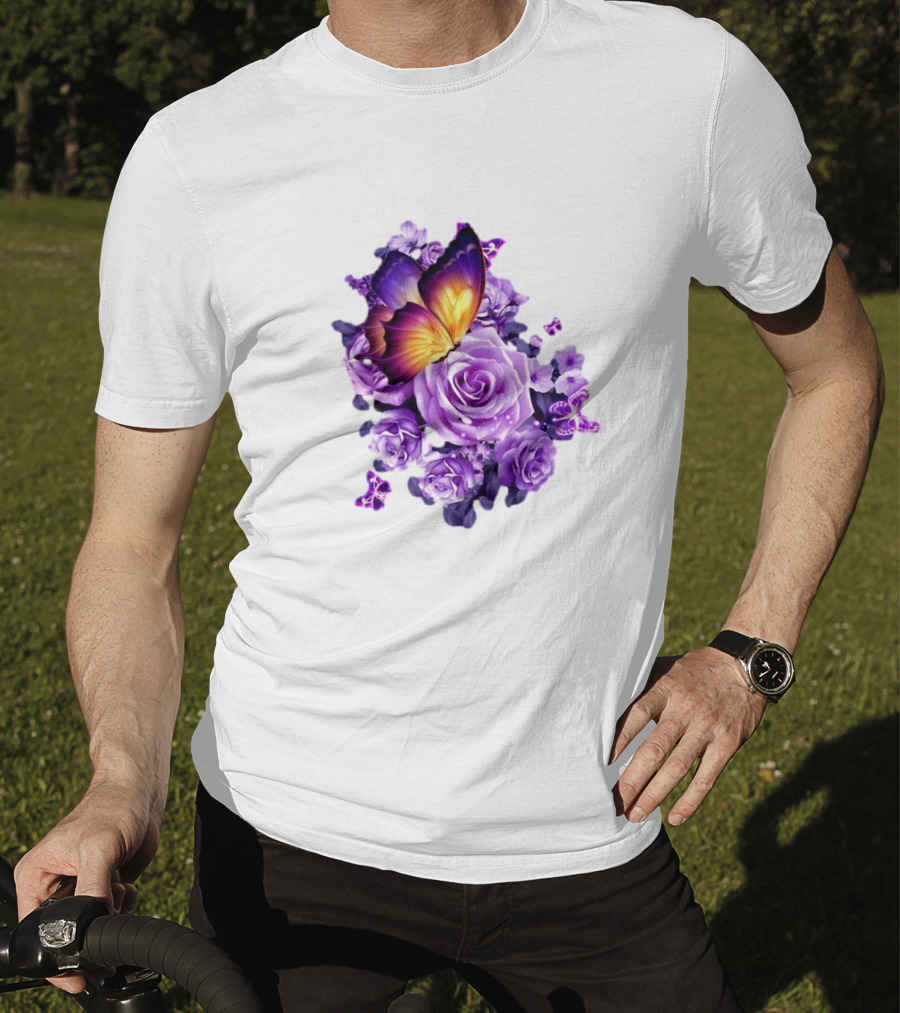Butterfly Purple Rose Blossoms Floral Arrangement T-Shirt