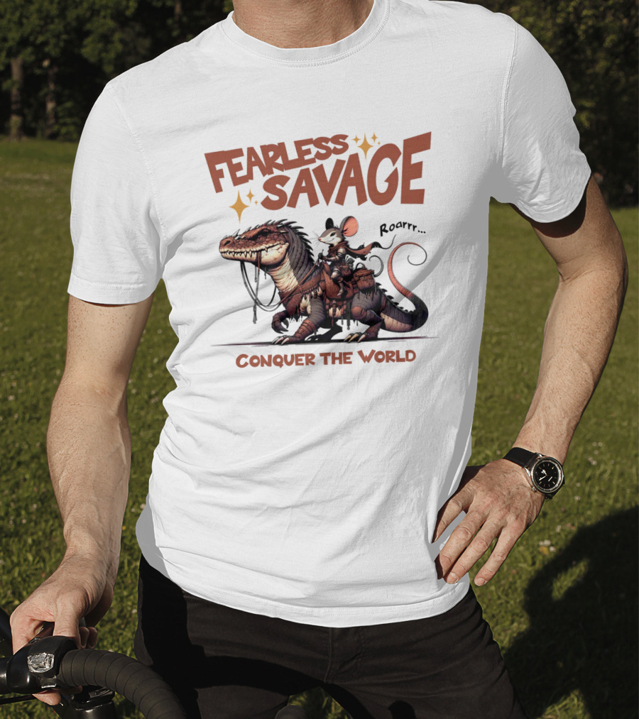 Fearless Savage Conquer The World Roarrr Mouse Riding Dinosaur T-Shirt