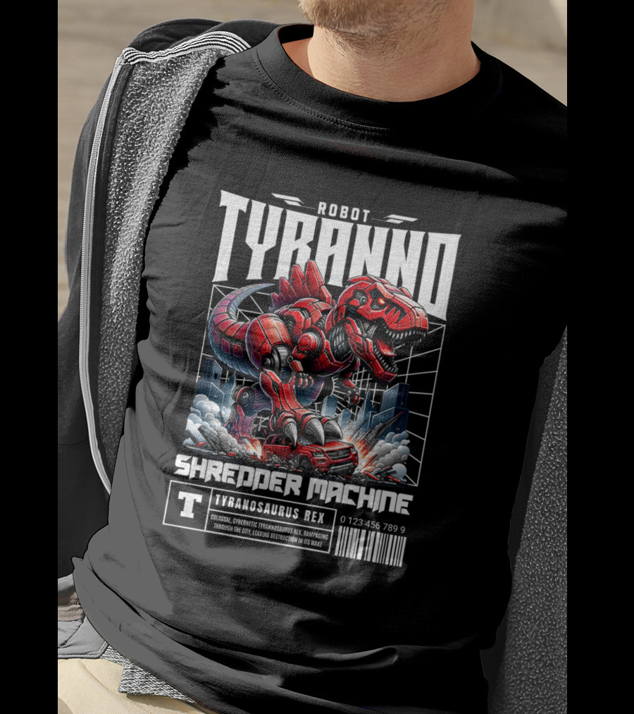Robot Tyranno Shredder Machine Colossal Cybernetic Tyrannosaurus Rex Rampaging Through The City T-Shirt