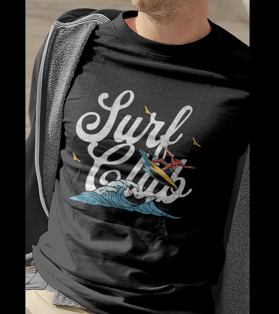 Surf Club Vintage Surfing Wave With Seagulls And Surfer T-Shirt