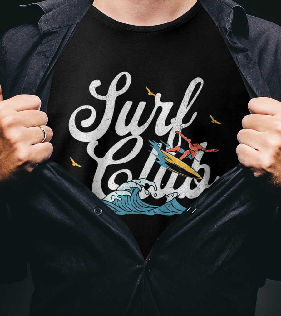 Surf Club Vintage Surfing Wave With Seagulls And Surfer T-Shirt
