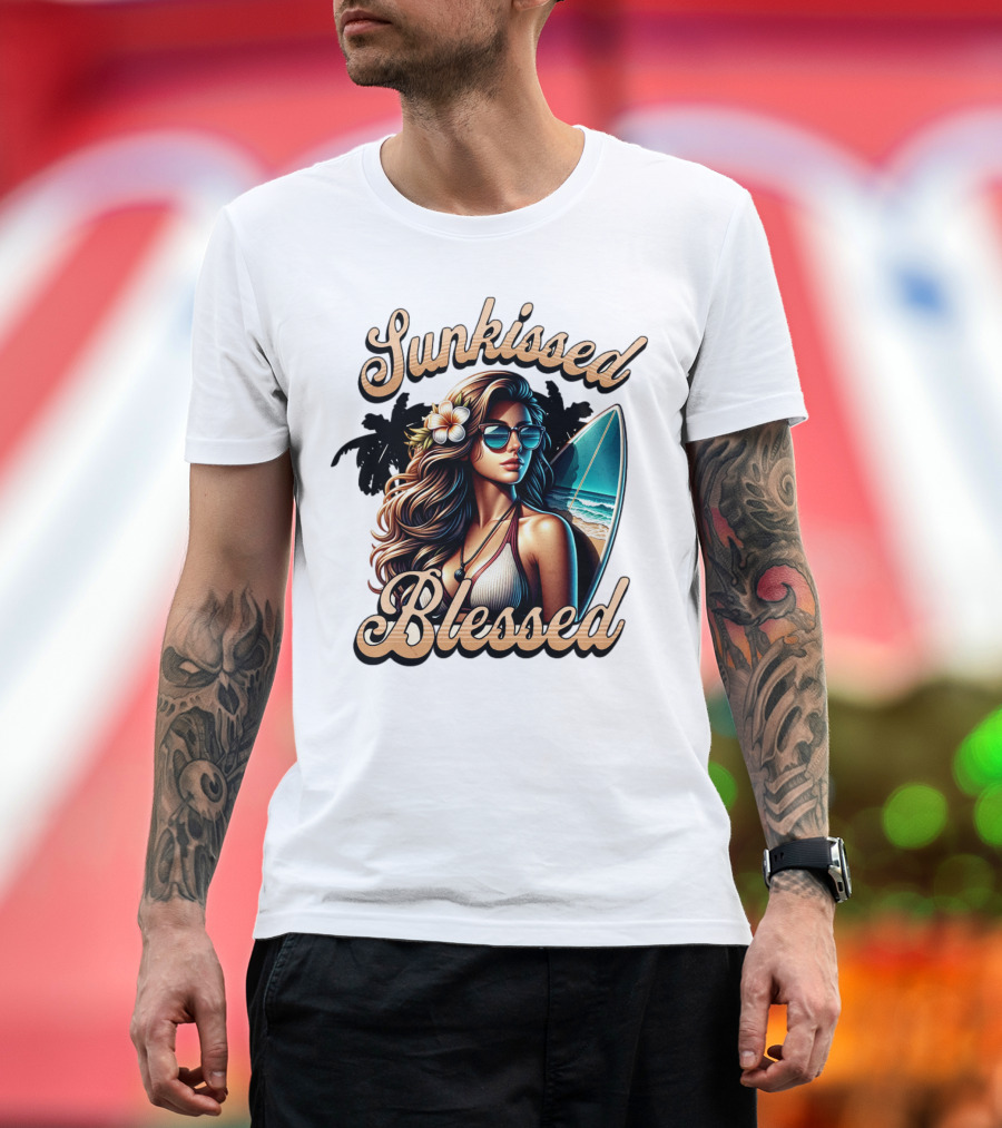 Sunkissed Blessed Surfer Girl in Sunglasses with Surfboard and Flower in Hair T-Shirt