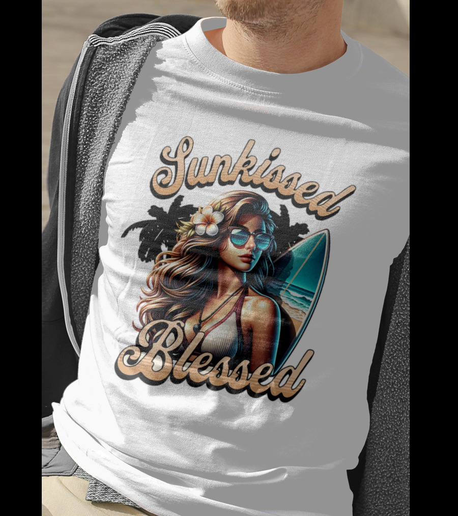 Sunkissed Blessed Surfer Girl In Sunglasses With Surfboard And Flower In Hair T-Shirt