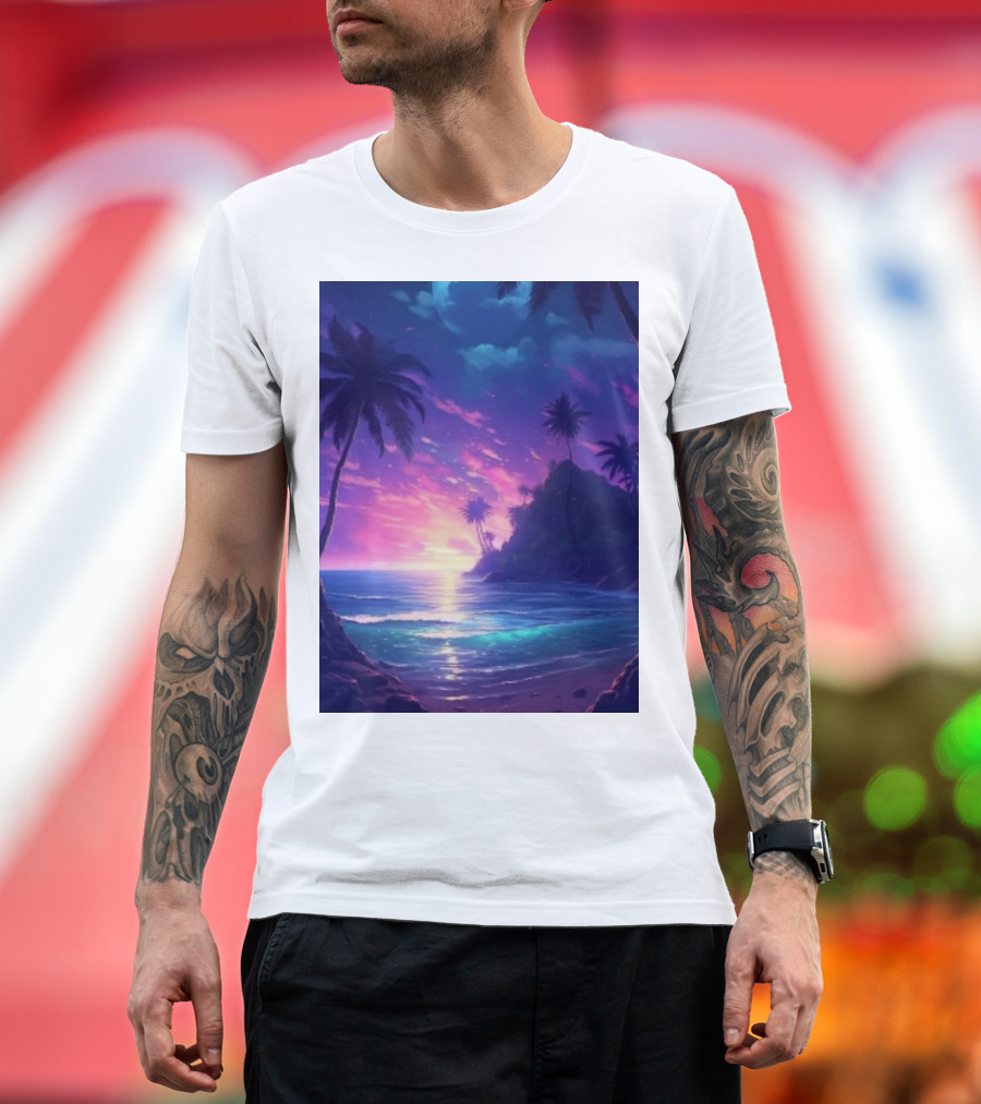 Escape the Ordinary Tropical Sunset with Palm Trees and Ocean View T-Shirt