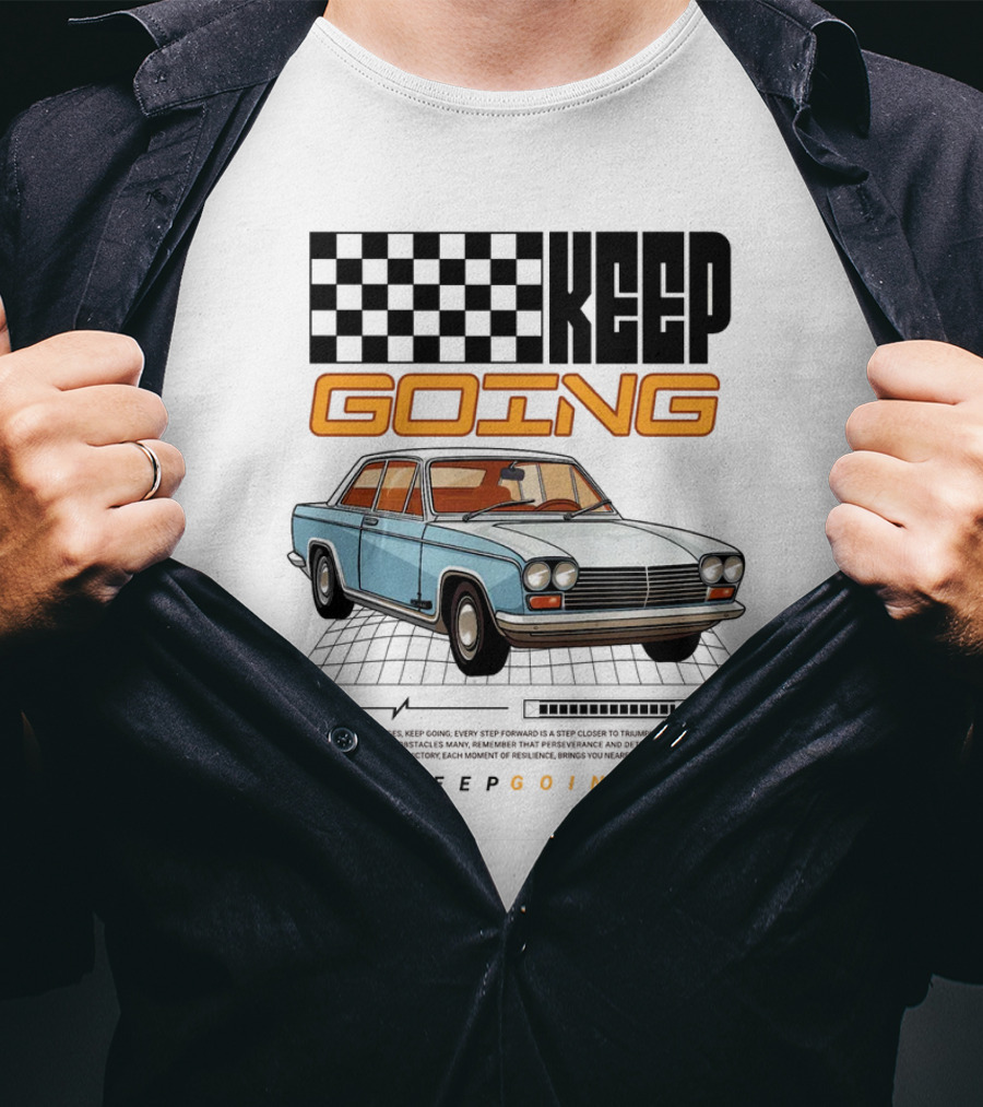 KEEP GOING Retro Car Classic Style Checkerboard Racing Elements T-Shirt