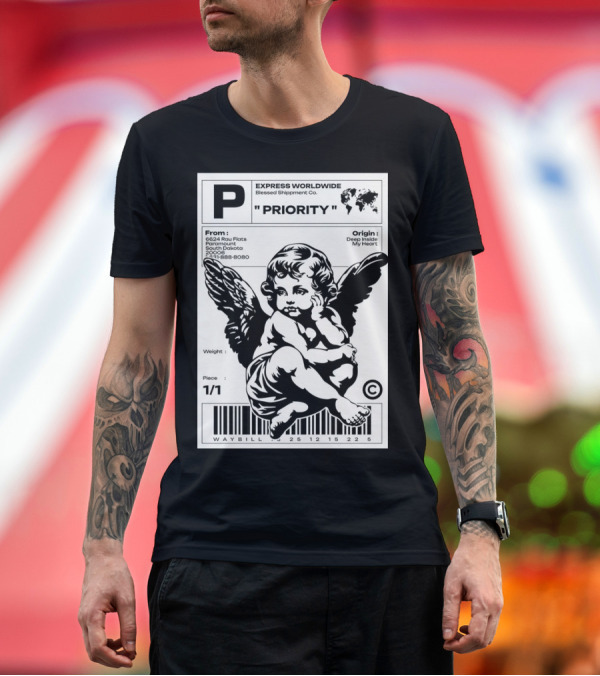 Premium T-Shirt: P Express Worldwide Blessed Shipment Co Priority Waybill Cherub Angel Barcode South Dakota T-Shirt P Express Worldwide Blessed Shipment Co Priority Waybill Cherub Angel Barcode South Dakota T-Shirt