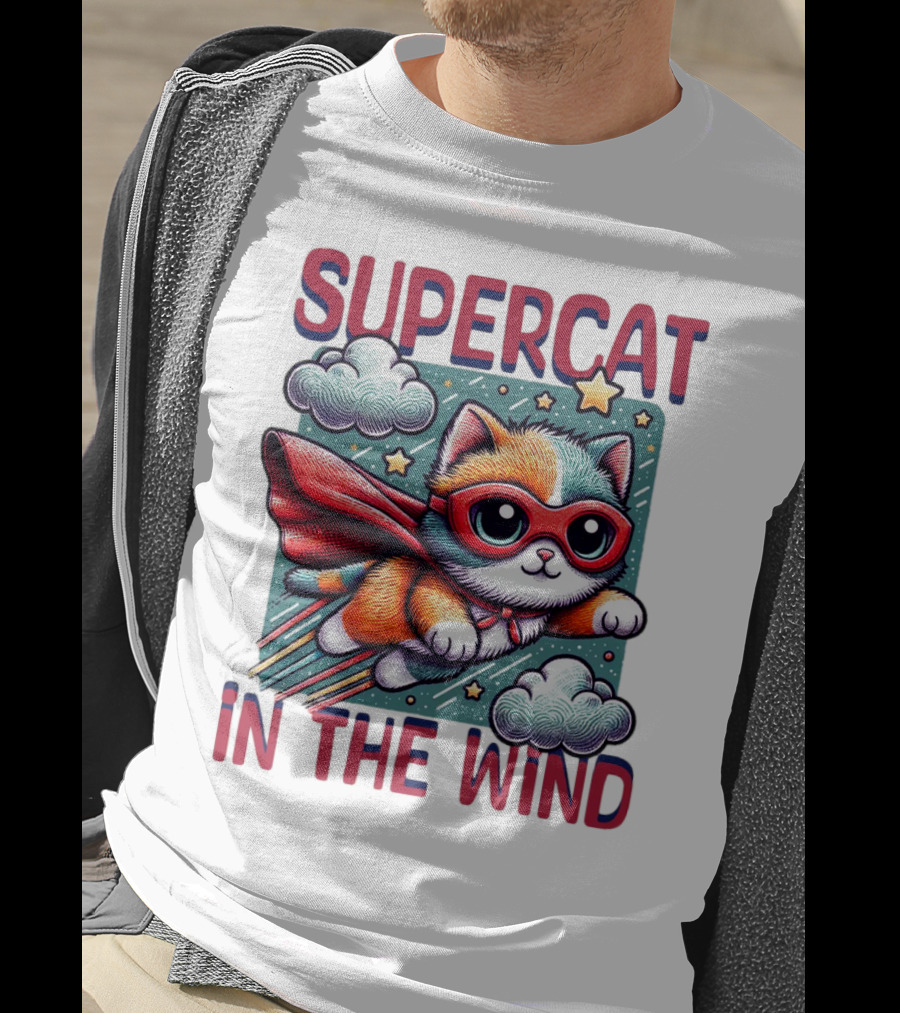Super Cat IN The Wind Star Adventure With Clouds And Cape T-Shirt