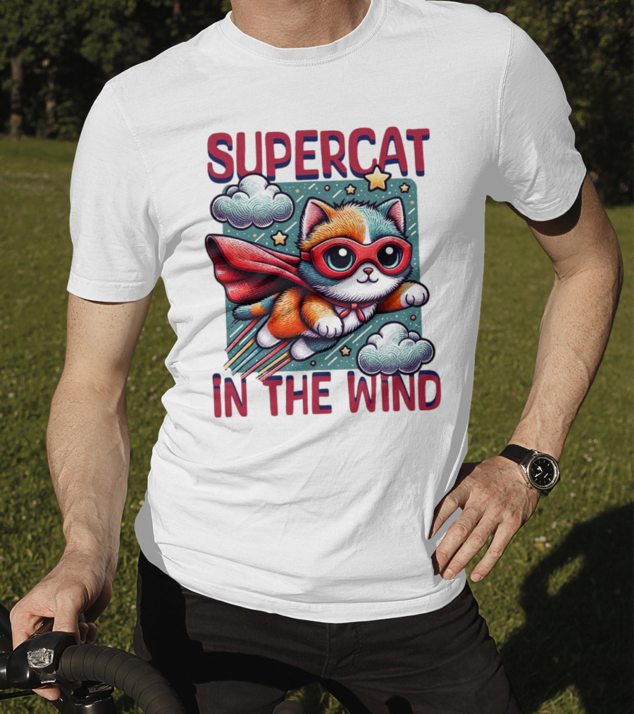 Super Cat IN The Wind Star Adventure With Clouds And Cape T-Shirt