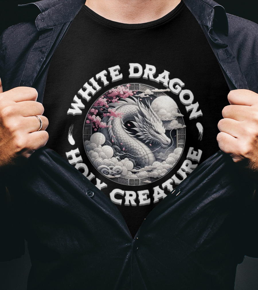 White Dragon Holy Creature Cherry Blossom Circular T-Shirt