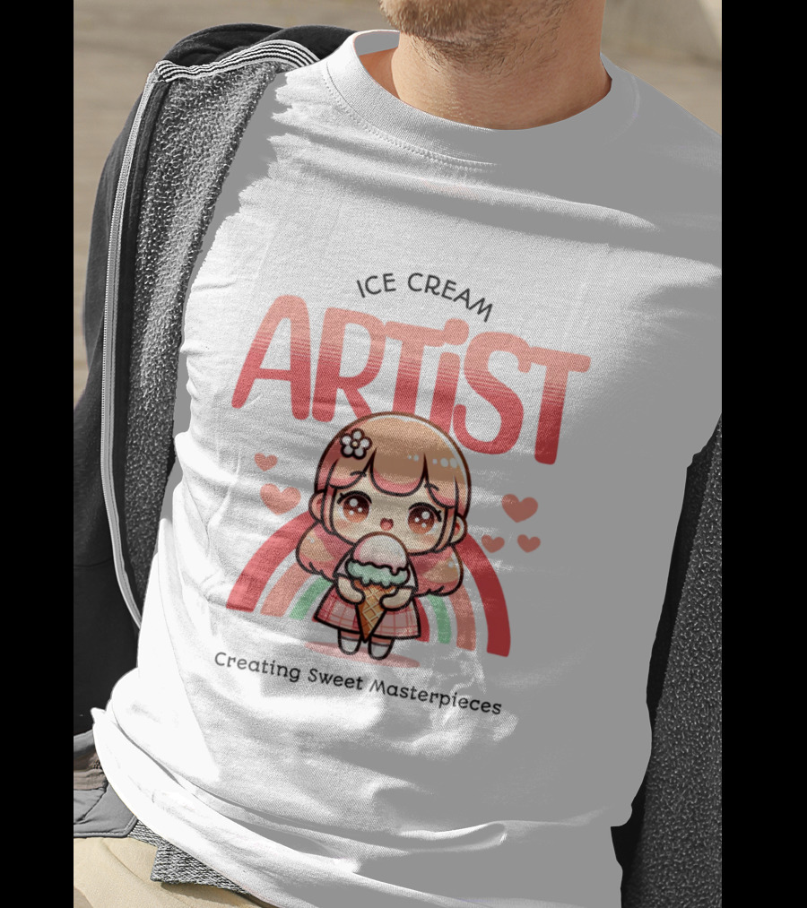 Ice Cream Artist Creating Sweet Masterpieces Kawaii Girl With Hearts And Rainbow T-Shirt