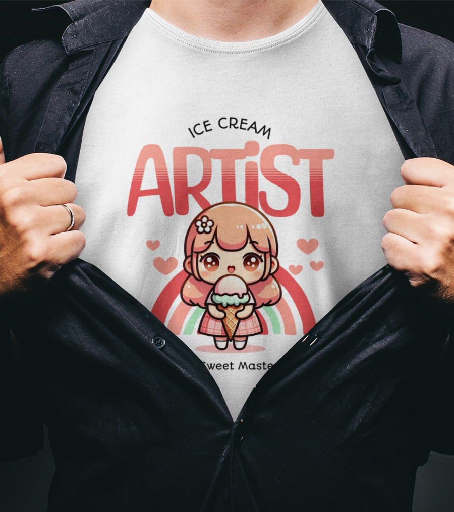 Ice Cream Artist Creating Sweet Masterpieces Kawaii Girl With Hearts And Rainbow T-Shirt