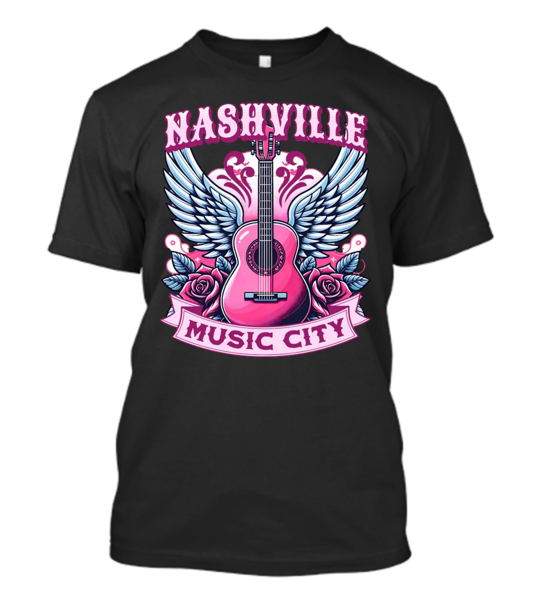 Nashville Music City Pink Guitar Wings Roses T-Shirt