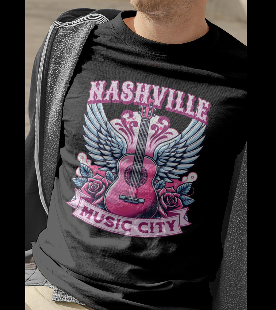 Nashville Music City Pink Guitar Wings Roses T-Shirt