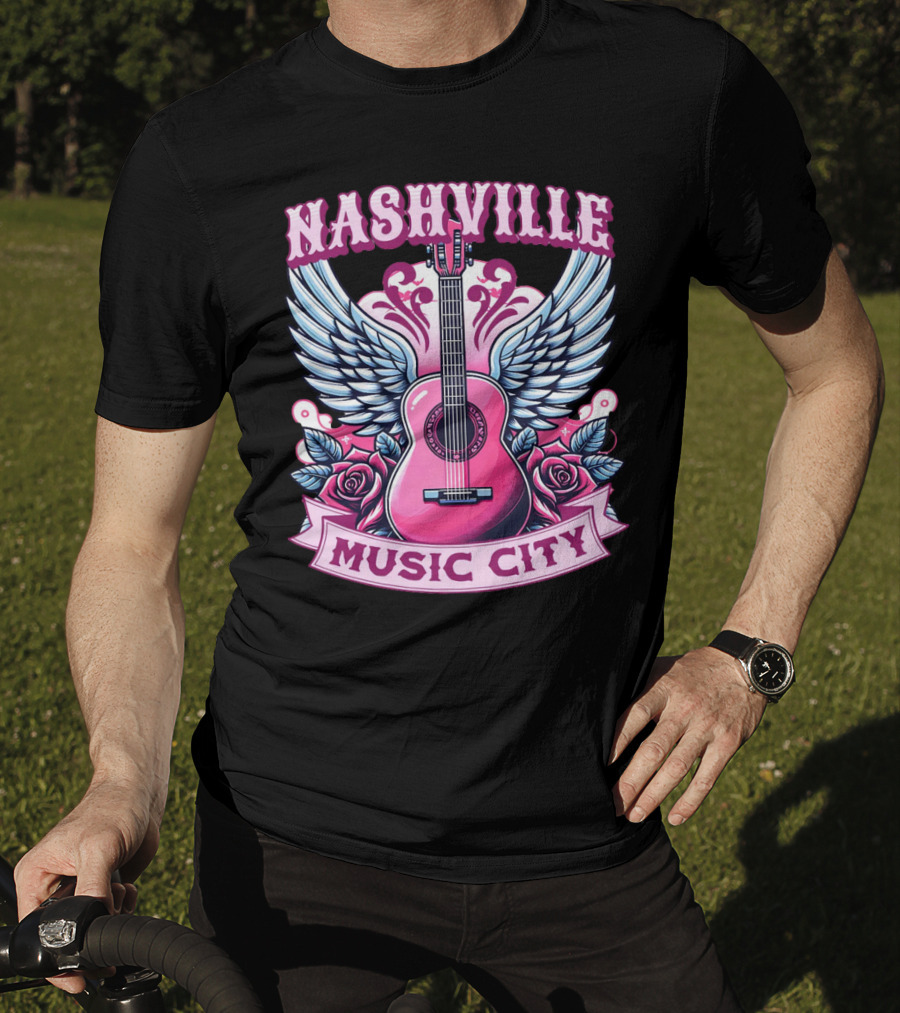 Nashville Music City Pink Guitar Wings Roses T-Shirt