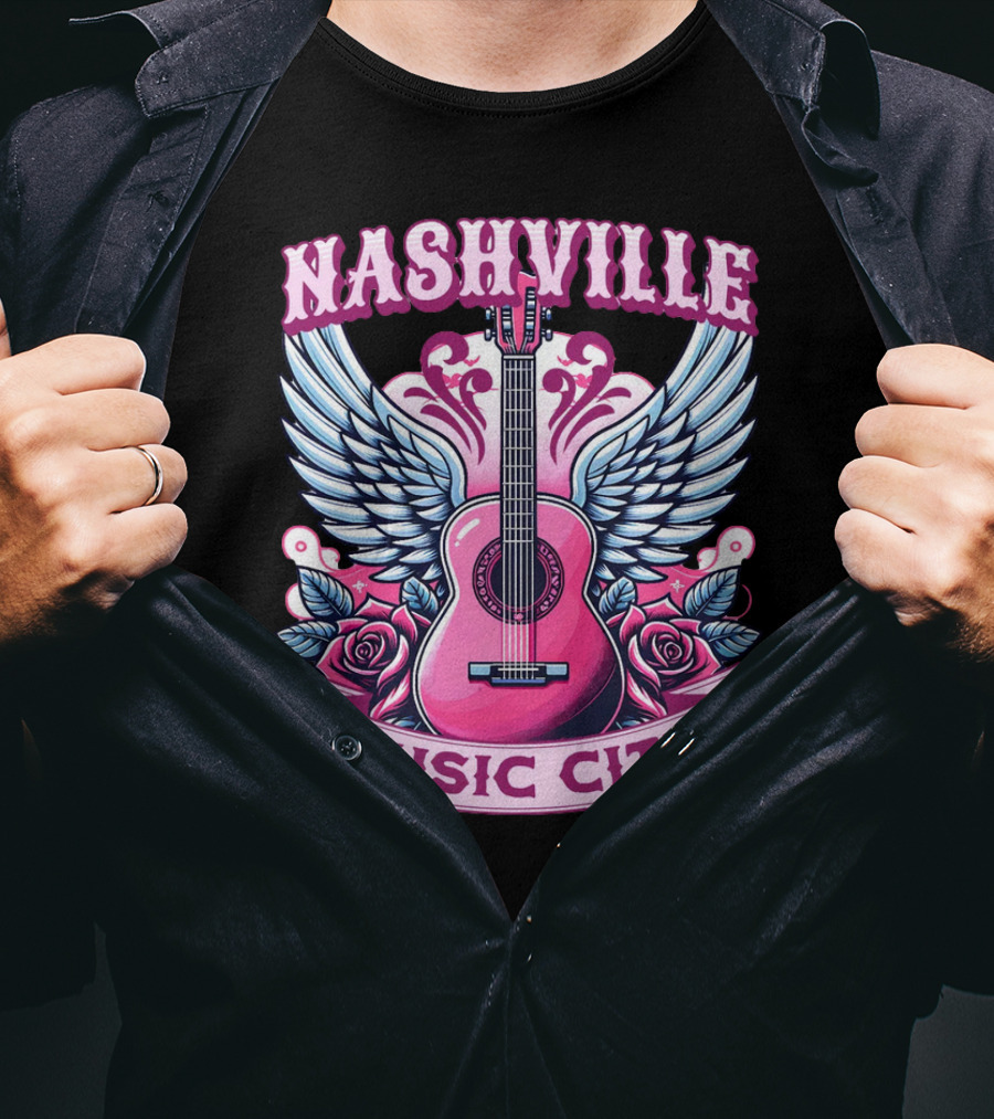 Nashville Music City Pink Guitar Wings Roses T-Shirt