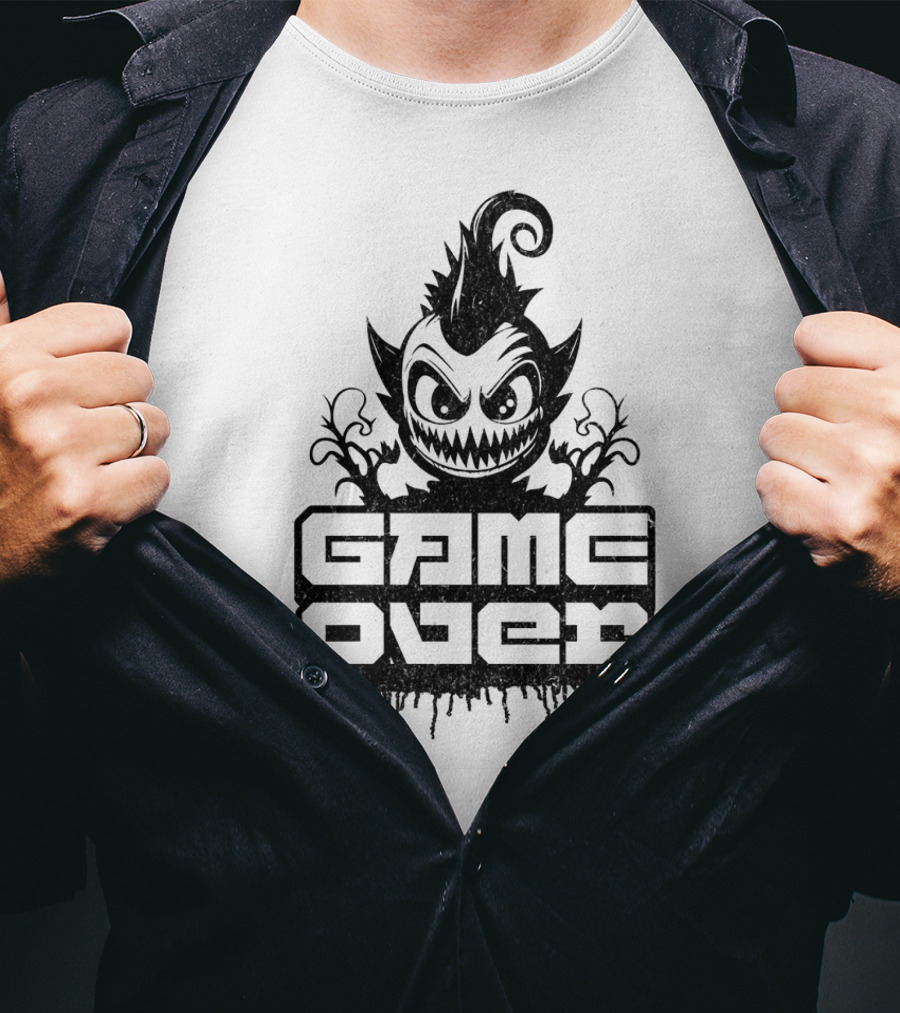 GAME OVER Creepy Monster Icon With Sharp Teeth And Spiky Hair T-Shirt