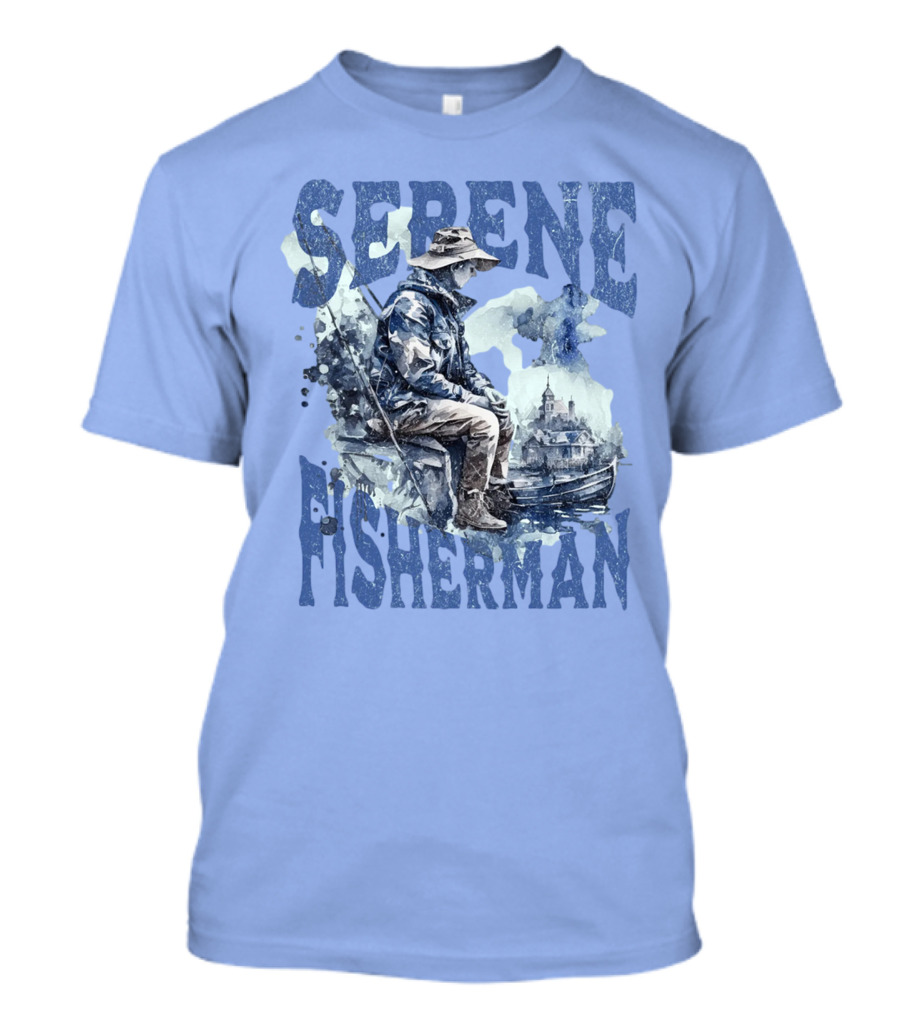 Serene Fisherman In Tranquil Lakeside Town With Boat And Reflection T-Shirt