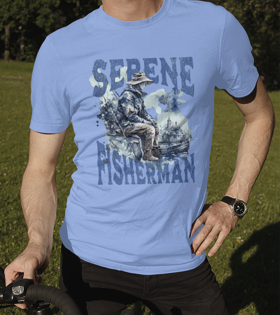 Serene Fisherman In Tranquil Lakeside Town With Boat And Reflection T-Shirt