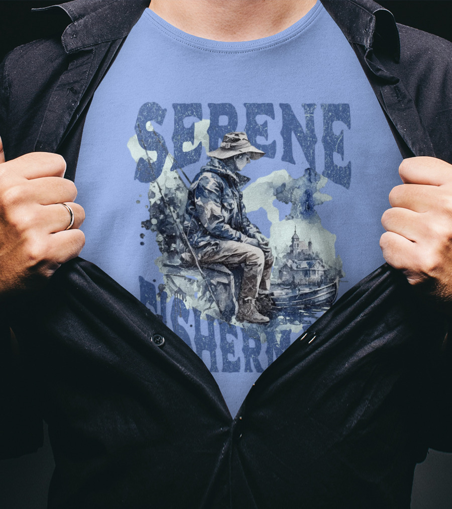 Serene Fisherman In Tranquil Lakeside Town With Boat And Reflection T-Shirt