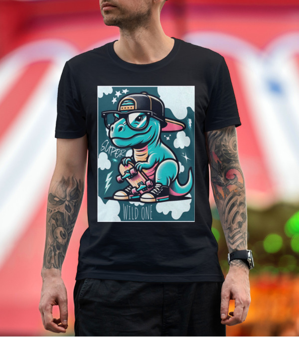 Premium T-Shirt: Super Wild One Dinosaur Skateboarder with Glasses and Cap T-Shirt Super Wild One Dinosaur Skateboarder with Glasses and Cap T-Shirt