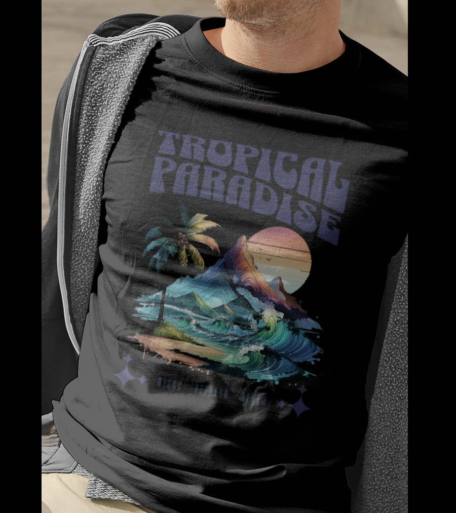 Tropical Paradise Palm Waves Island Horizon Sunset T-Shirt