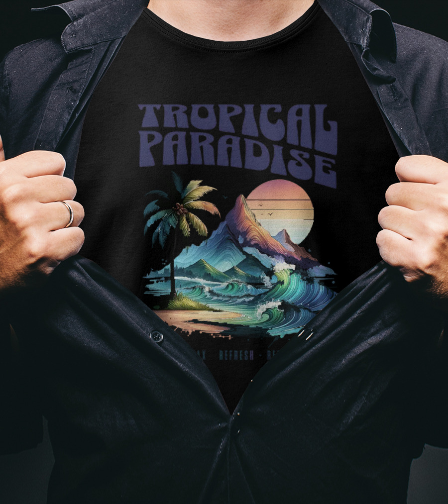 Tropical Paradise Palm Waves Island Horizon Sunset T-Shirt