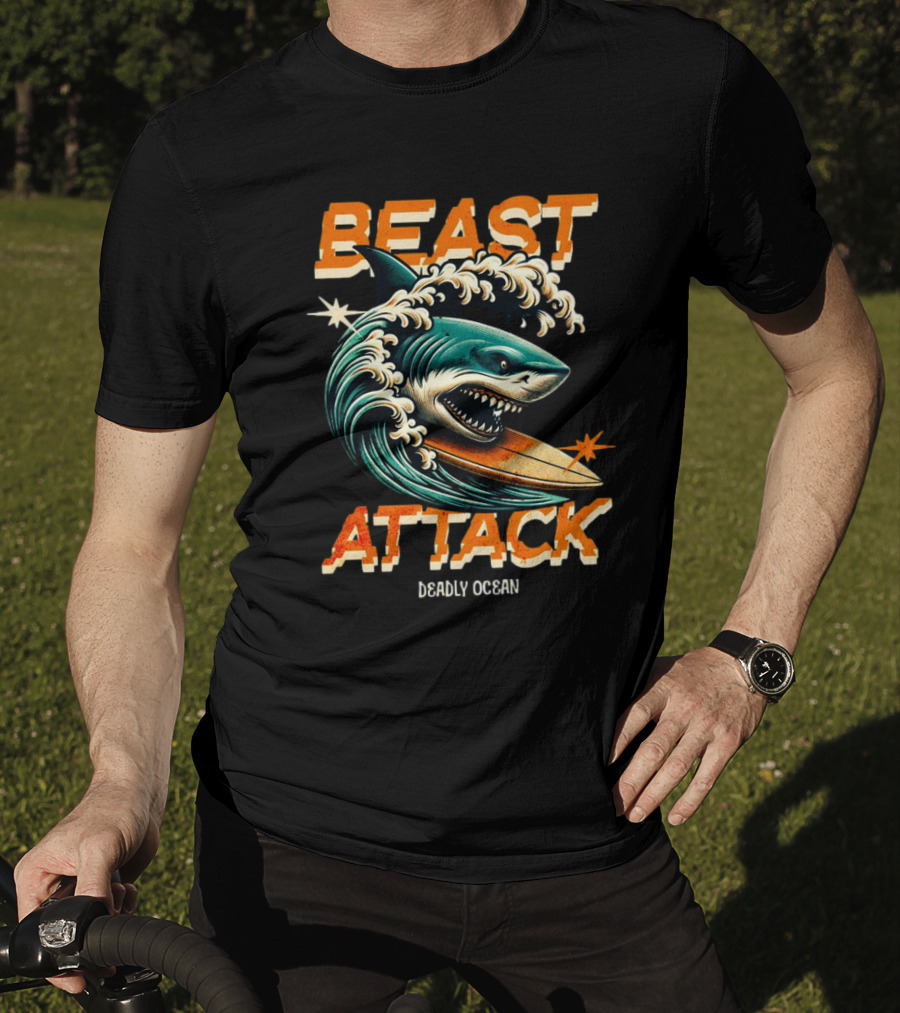 Beast Attack Deadly Ocean Shark Wave Surfboard T-Shirt