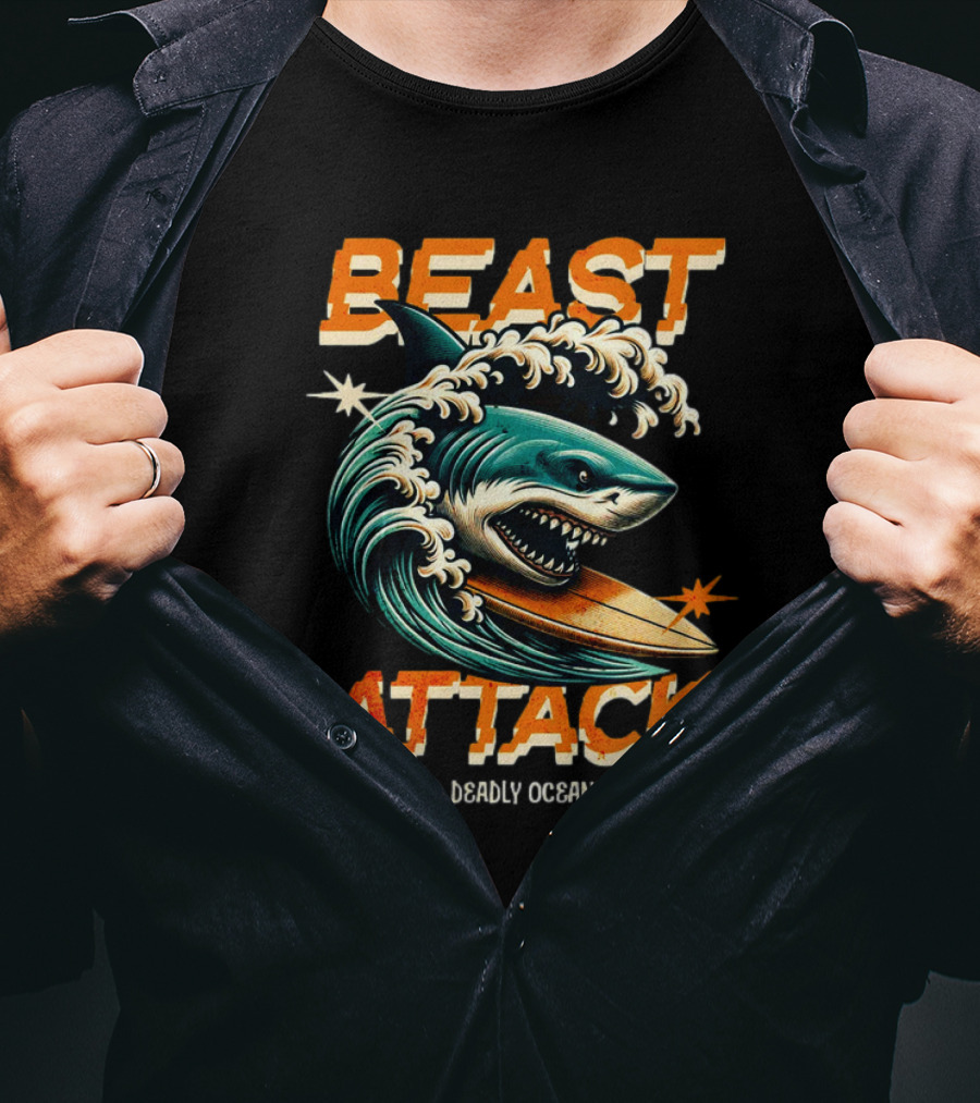 Beast Attack Deadly Ocean Shark Wave Surfboard T-Shirt