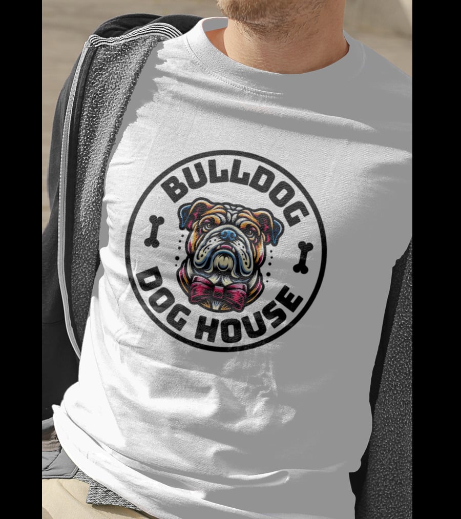 BULLDOG DOG HOUSE Bow Tie Dog Bone Circle T-Shirt